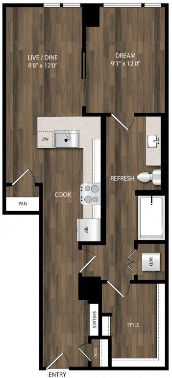 Floor plan for 1 bed, 1 bath, 706 sqft